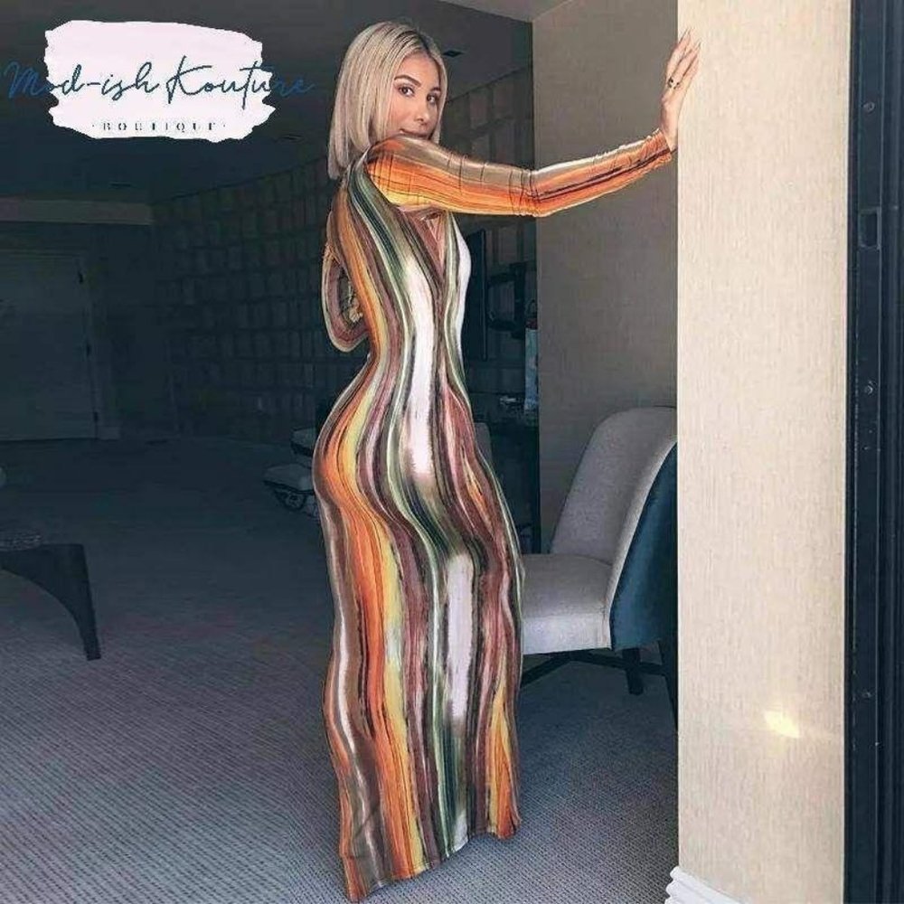 Shades Of Color Sexy V Neck Maxi Dress-Orange Mult